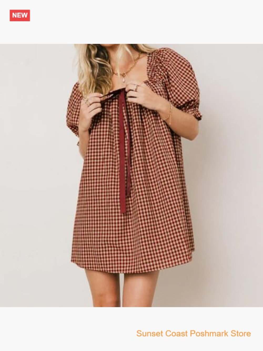 Gingham Babydoll Mini Dress Puff Sleeve Square Neck Bow Tie A-Line Plaid - Picture 2 of 6
